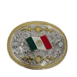 Gold and Silver Belt Buckle with Flag Design